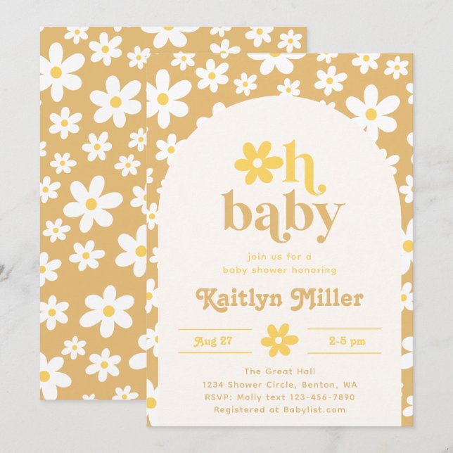 Invitation Baby shower Retro Daisy | Bébé rétro (Devant / Derrière)