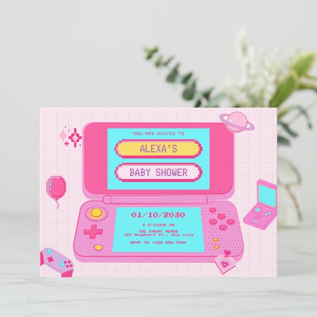 Invitation Baby shower rétro de jeu rose (Debout devant)