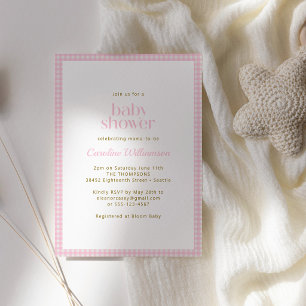 Invitation Baby Shower Rétro Fille à Carreaux Rose Gingham