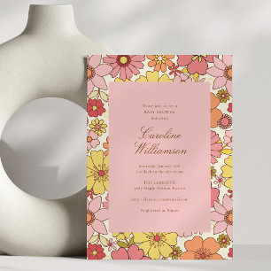 Invitation Baby Shower Rétro Fleurs Rose Jaune Moderne
