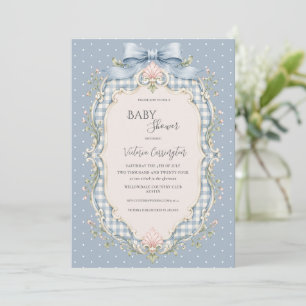 Invitation Baby shower rétro floral rose et carreaux bleus