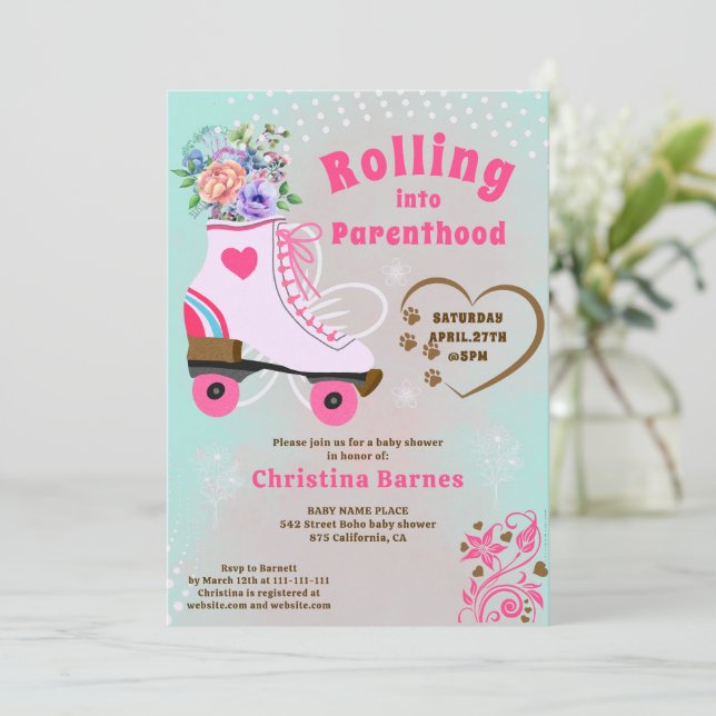 Invitation Baby shower rétro floral sarcelle roller skate boh (Debout devant)
