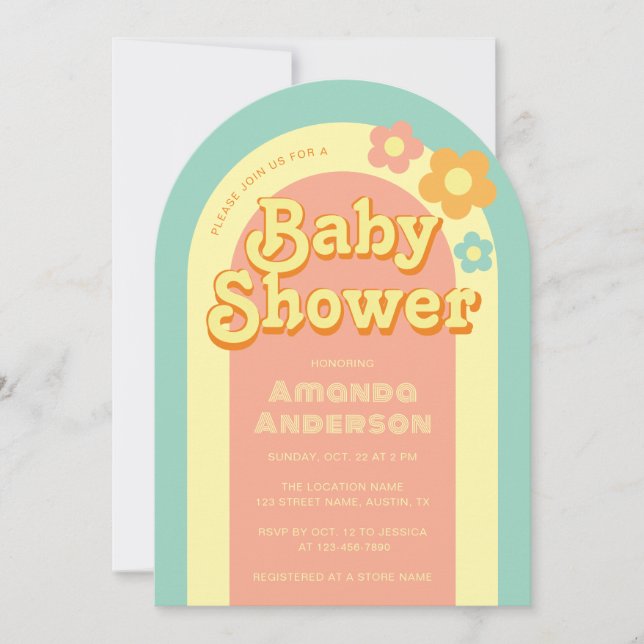 Invitation Baby-Shower Rétro Groovy Arche Arc-en-Ciel Fleurs  (Devant)