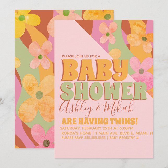Invitation Baby Shower Rétro Hippie Fleur Groovy (Devant / Derrière)
