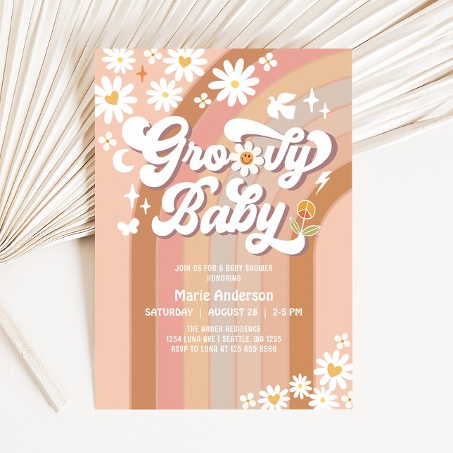 Invitation Baby Shower Rétro Hippie Groovy Crème (Créateur téléchargé)