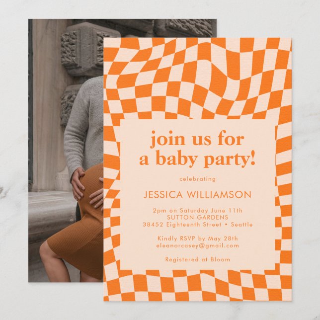 Invitation Baby shower Retro Orange Checkerboard Photo (Devant / Derrière)