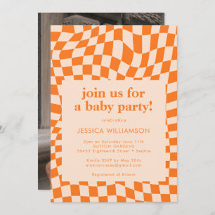 Invitation Baby shower Retro Orange Checkerboard Photo