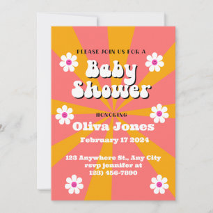 Invitation Baby shower rétro Super orange et rose
