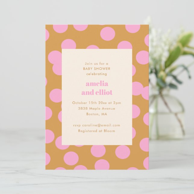 Invitation Baby Shower Rétro Taches de Couples Or Rose (Debout devant)
