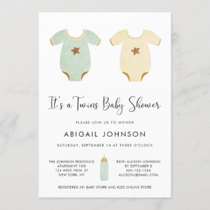 Invitation Baby shower rétro Twins Green Yellow Aquarelle