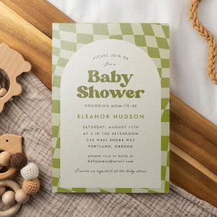 Invitation Baby Shower Rétro Vert Groovy Années 70 Damier