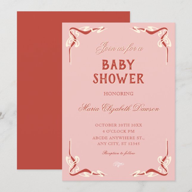 Invitation Baby shower rétro vintage rose (Devant / Derrière)