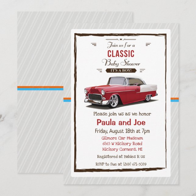 Invitation Baby Shower Rétro Voiture de Collection (Devant / Derrière)