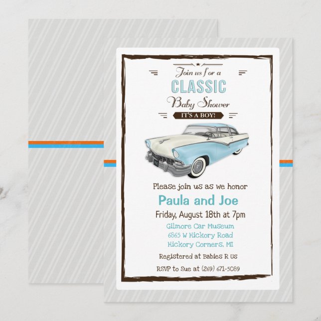 Invitation Baby Shower Rétro Voiture de Collection (Devant / Derrière)