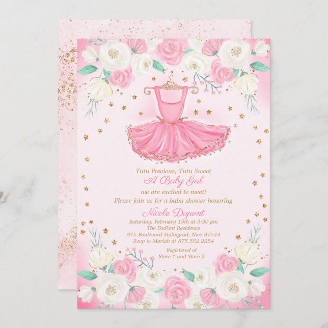 Invitation Baby shower Robe Tutu Ballerina Parties scintillan (Devant / Derrière)