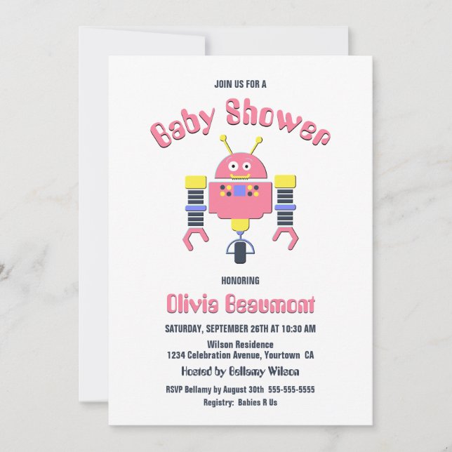 Invitation Baby shower Robot rose mignon (Devant)