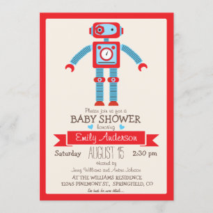 Invitation Baby shower robot Vintage rouge et bleu