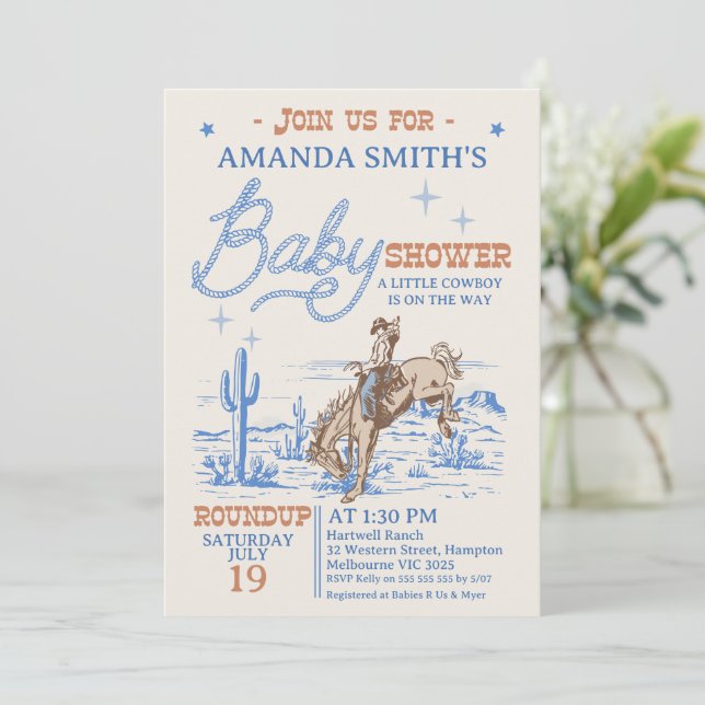 Invitation Baby shower Rodéo Brown vintage (Debout devant)
