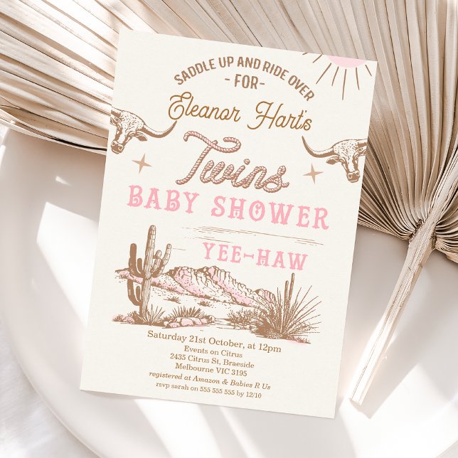 Invitation Baby shower Rodeo Twins Rose Western Desert (Wild West Western Twin Girls Baby Shower Invitation, Rodeo Western Desert Twins Baby Shower Invite )
