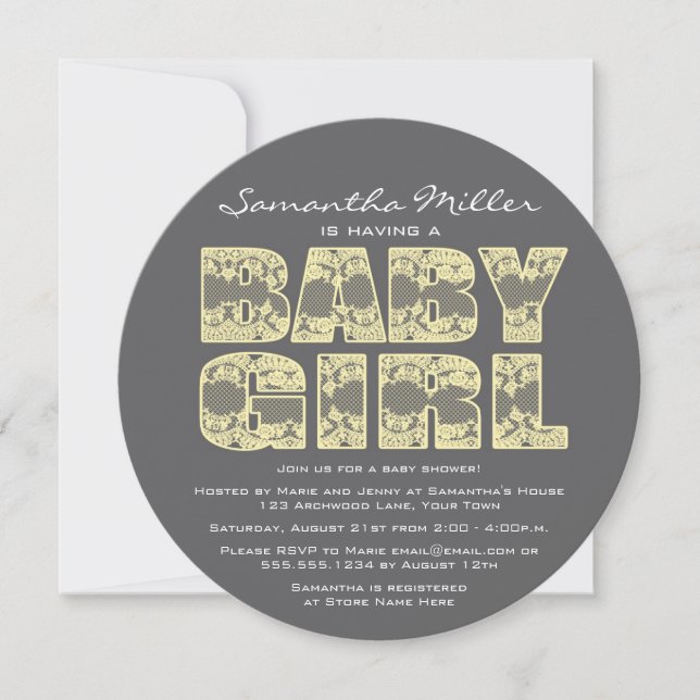 Invitation Baby shower rond de dentelle jaune et gris Invitat (Devant)