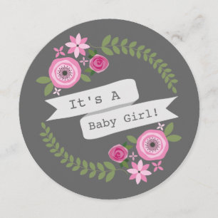 Invitation Baby shower rond floral rose de guirlande et de