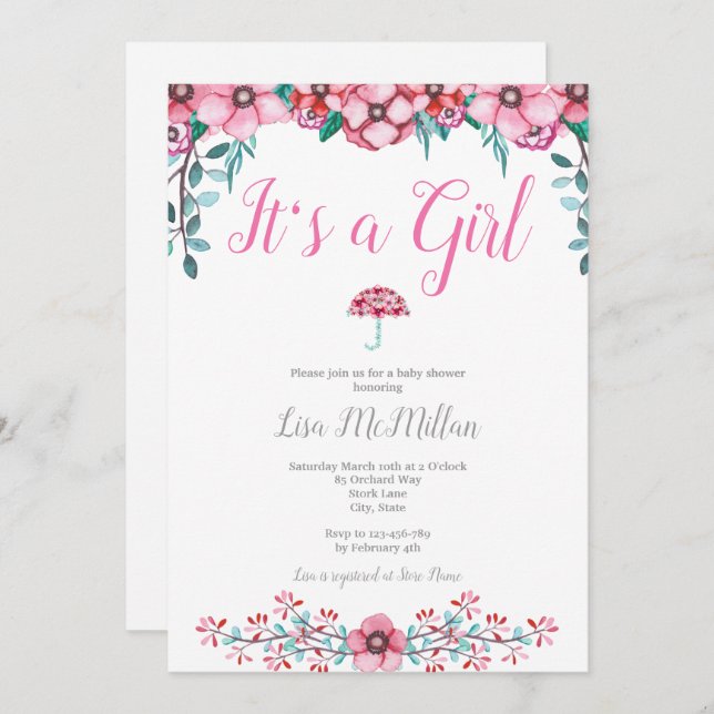 Invitation Baby shower rose (Devant / Derrière)