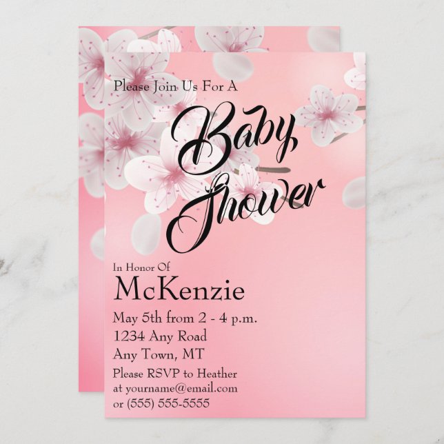 Invitation Baby shower rose (Devant / Derrière)