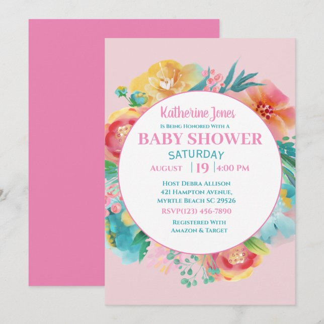 Invitation Baby shower rose (Devant / Derrière)