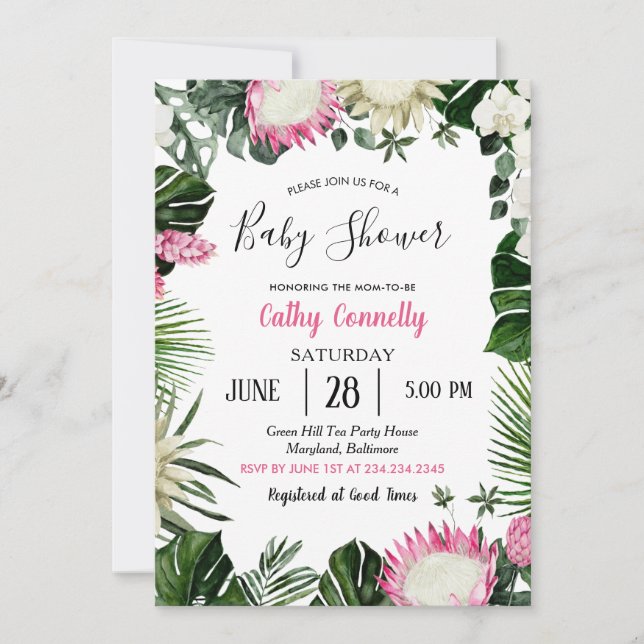 Invitation Baby shower rose à fleurs de la Monstera tropicale (Devant)