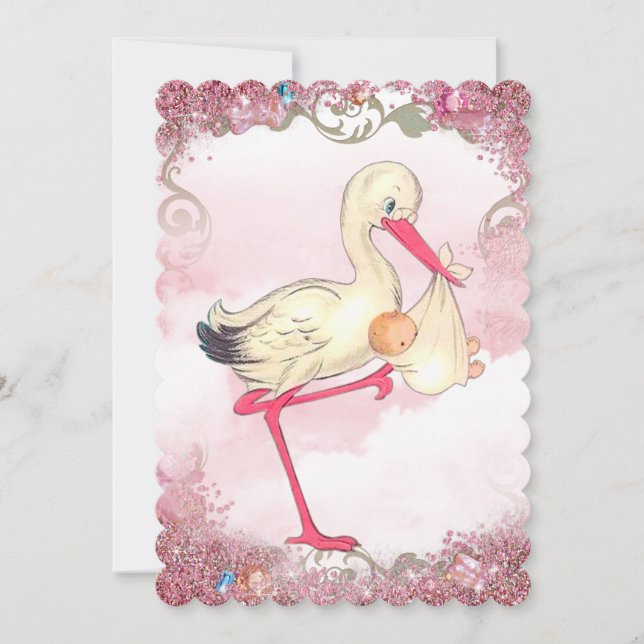 Invitation Baby Shower Rose Ancien de la Cigogne (Devant)