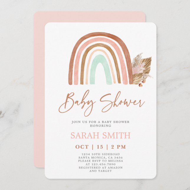 Invitation Baby shower rose arc en ciel (Devant / Derrière)