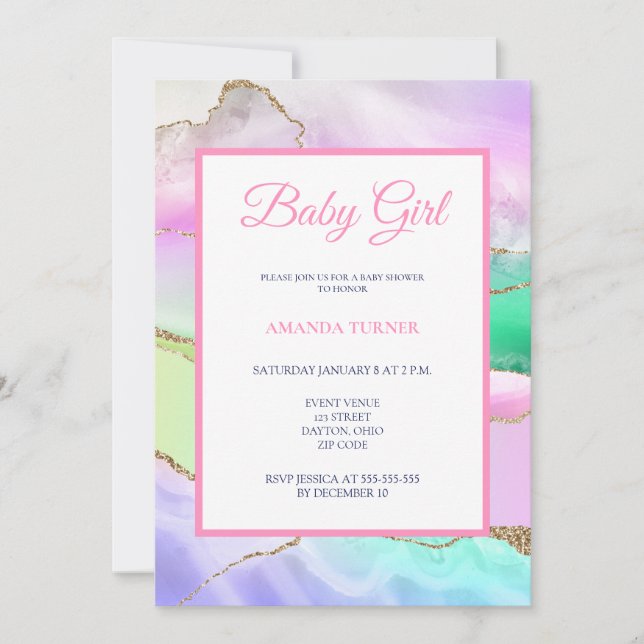 Invitation Baby shower rose arc-en-ciel Agate Girl (Devant)