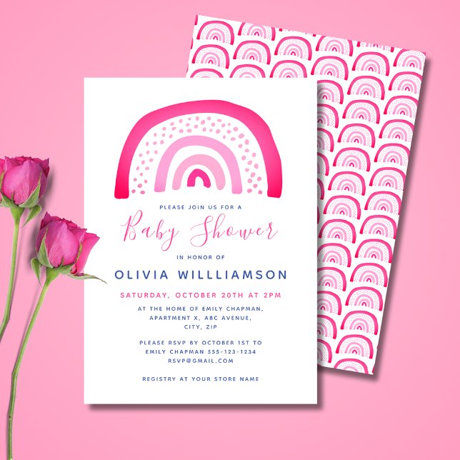 Invitation Baby shower rose arc-en-ciel moderne (Cute pink girls' rainbow, baby shower invitations and matching party range. 
)