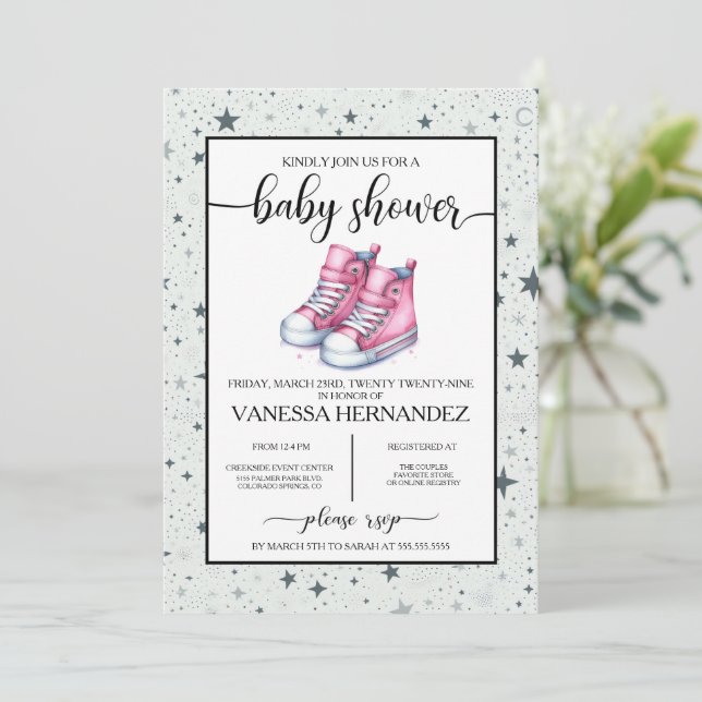 Invitation Baby shower rose Baby High Tops (Debout devant)