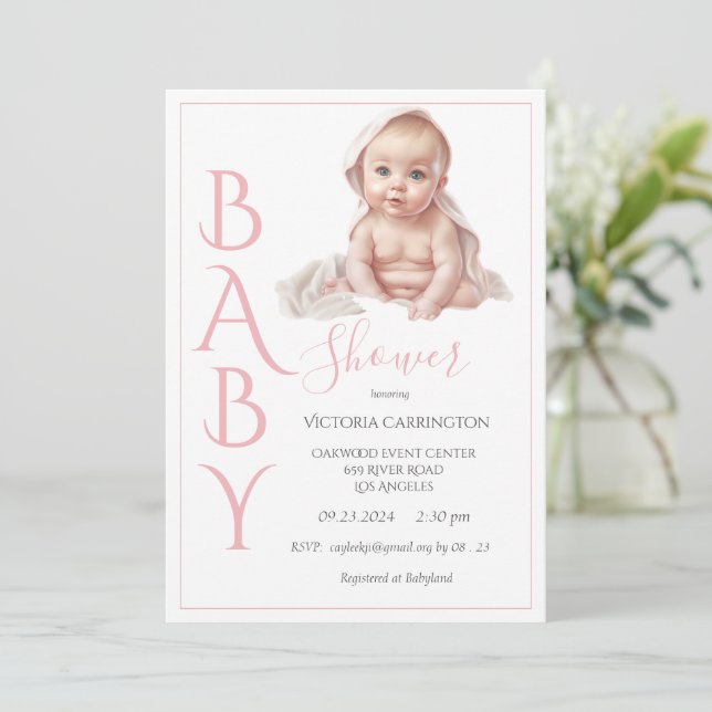Invitation Baby shower rose bébé fille (Debout devant)