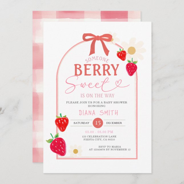 Invitation Baby shower rose Berry doux (Devant / Derrière)