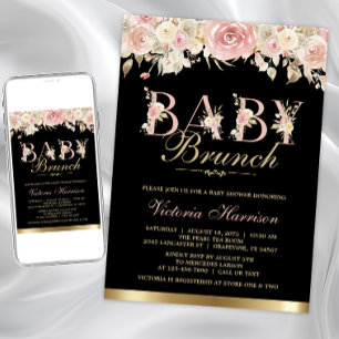Invitation Baby shower Rose Black Gold Floral Girl Brunch