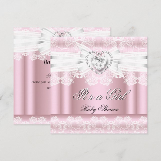 Invitation Baby shower rose blanc dentelle Diamants de la den (Devant / Derrière)