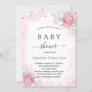 Invitation Baby shower rose blanc parties scintillant fille f