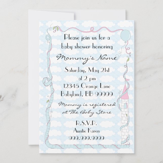 Invitation baby shower. Rose/Bleu/Château (Devant)