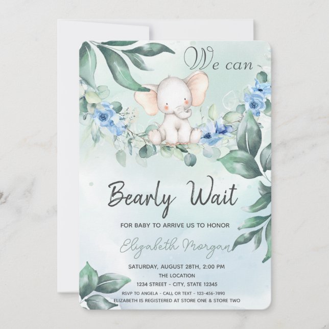 Invitation Baby shower Rose bleu d'aquarelle Elephant (Devant)