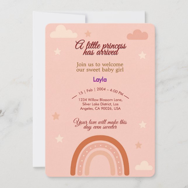 Invitation Baby shower rose Boho (Devant)