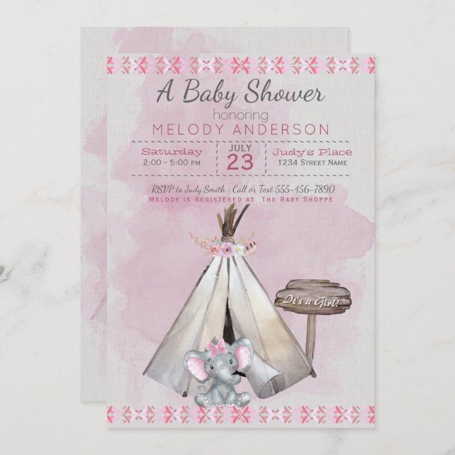 Invitation Baby shower rose Boho Baby Elephant & Tipi (Devant / Derrière)