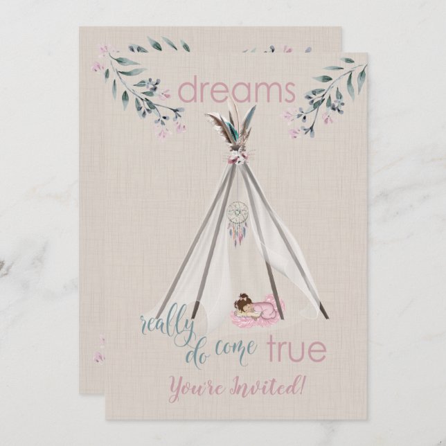 Invitation Baby shower rose Boho Tipi DreamCatcher (Devant / Derrière)