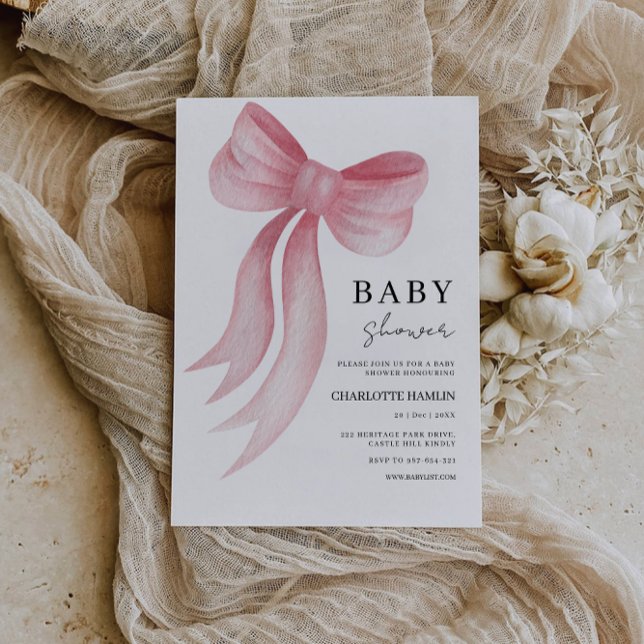 Invitation baby shower rose Bow (Baby Shower Pink Bow Invitation)