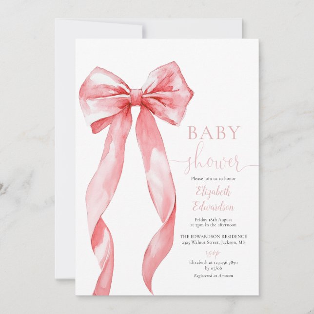 Invitation Baby shower Rose Bow Girl tout en un (Devant)