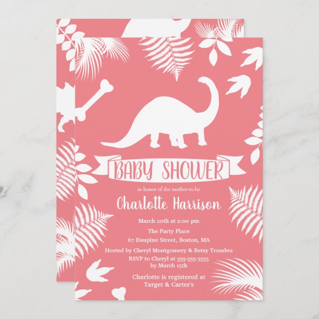 Invitation Baby shower rose Brontosaurus Dinosaur (Devant / Derrière)