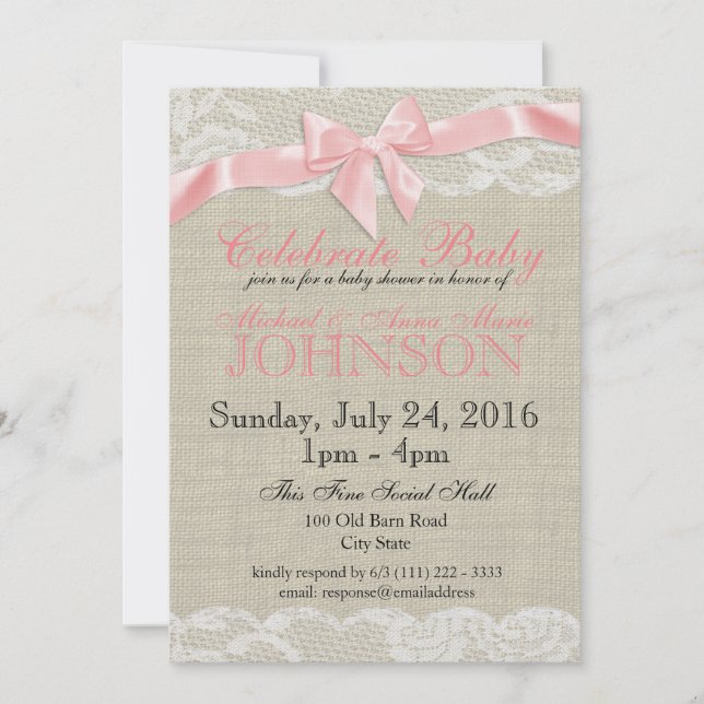 Invitation Baby shower rose Burlap et dentelle (Devant)