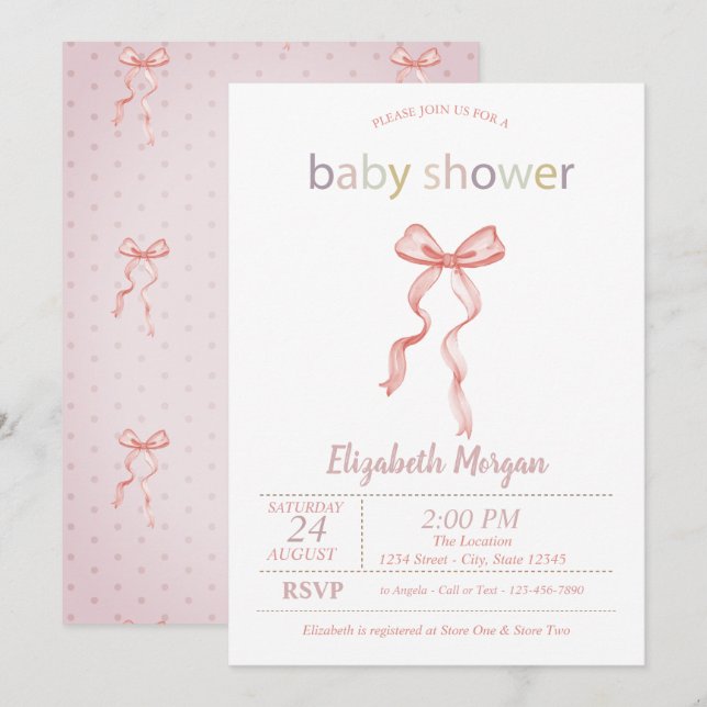 Invitation Baby Shower Rose Chic à pois  (Devant / Derrière)