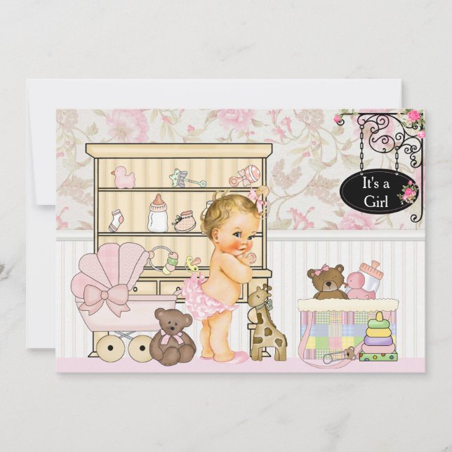 Invitation Baby shower rose Chic Baby Girl Shabby (Devant)